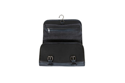 Vetelli Leather Toiletry Bag for Men - Water Resistant, 2 Zippered Internal Pockets, 2 Snap-Fastened Internal Pockets, and Hanging Hook. (Black)
