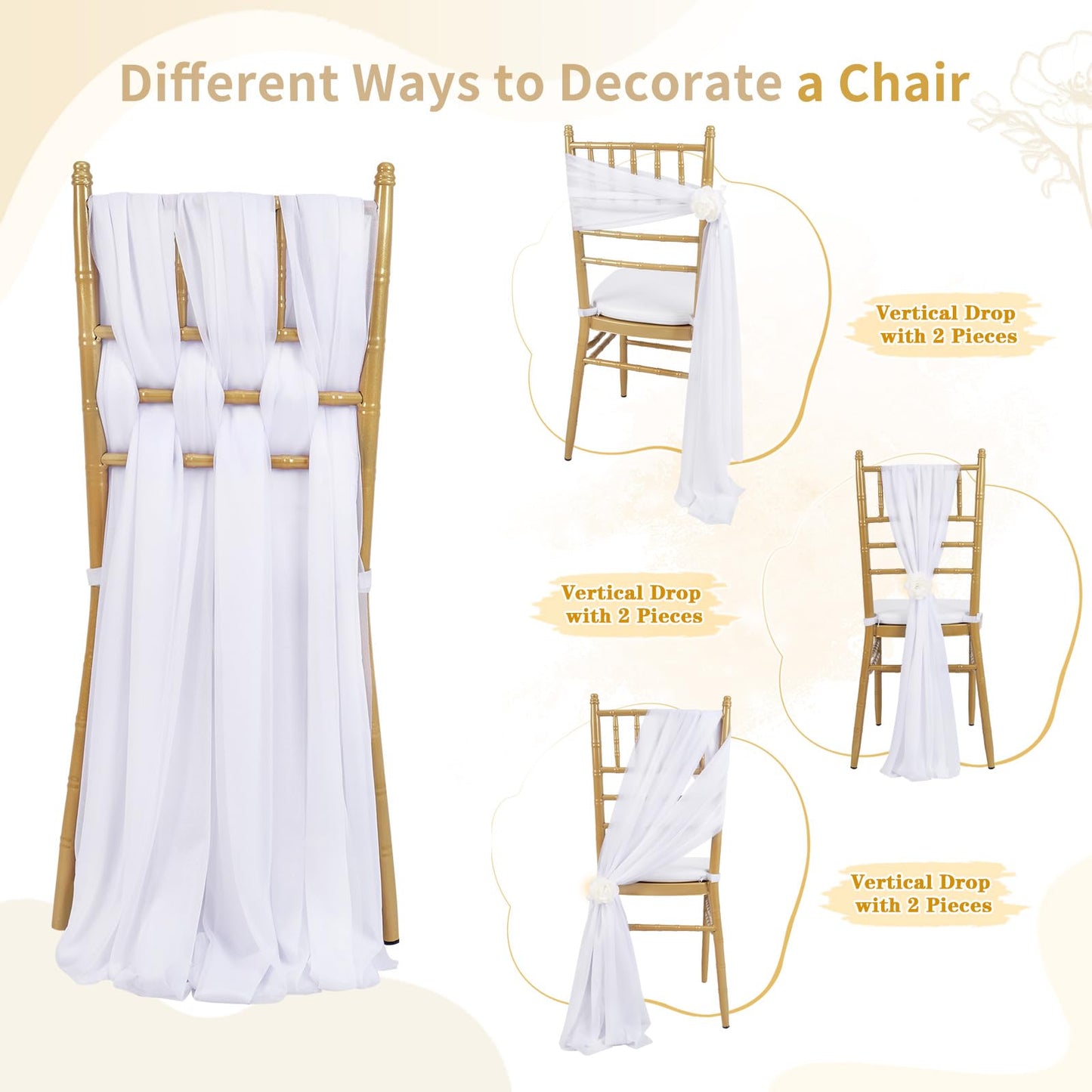 PakiInno White Chair Sashes 50 PCS Tulle Chair Cover 8ft Loing Wedding Banquet Decorations for Aisle Back and Side of Chair Sheer Drapes Fabric