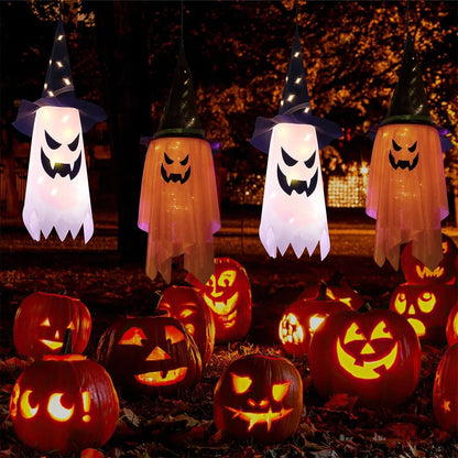 2PCS Hanging Lighted Glowing Ghost Witch Hat - 38 inch Length LED Decorations for Indoor/Outdoor Halloween Party Supplies