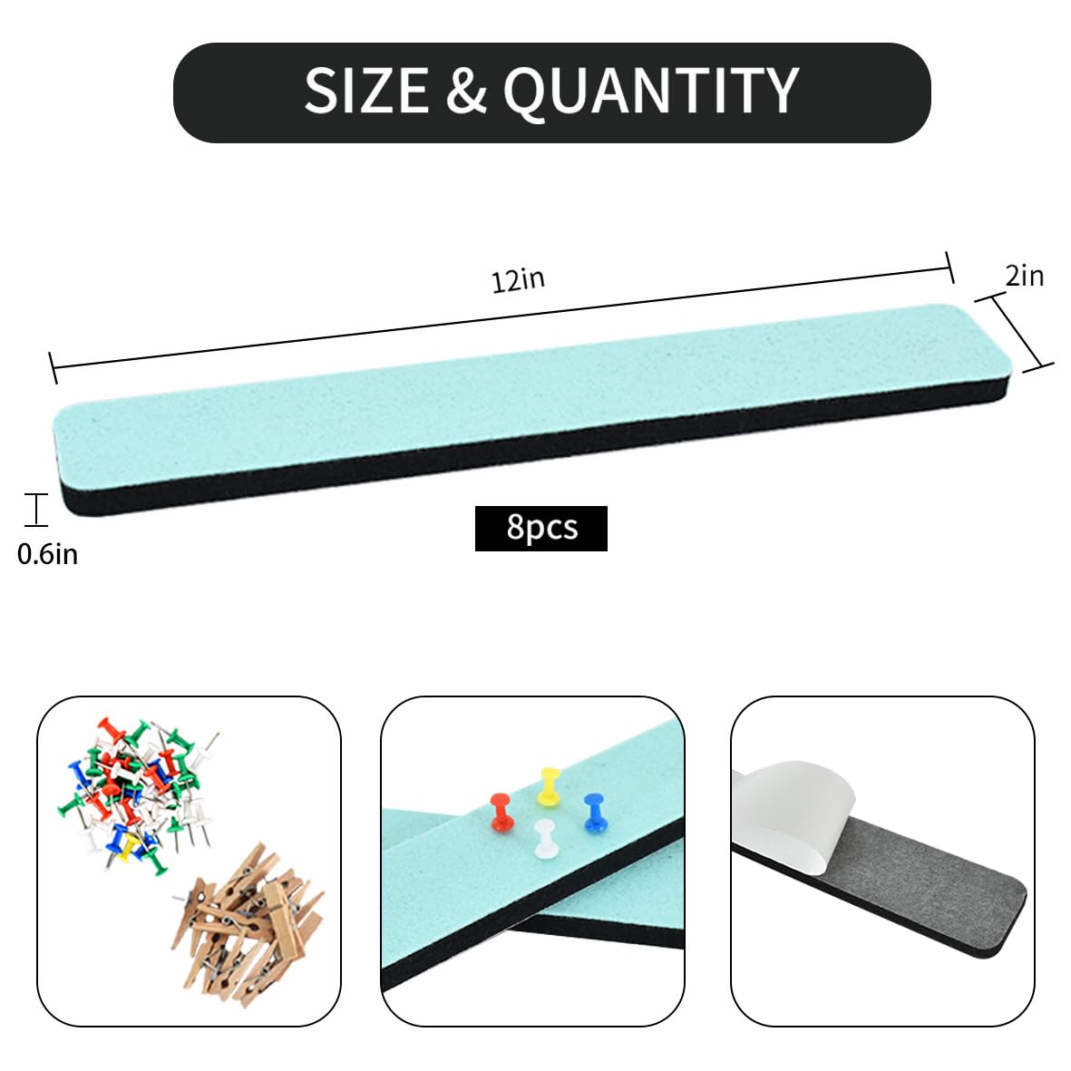 Vuzvuv 8 pcs Bulletin Board Bar Strips with 50 Pushpins & 10 Wooden Clip pins，Self Adhesive Cork Board for Wall，Felt Pin Board for School，Office Decor(Mint Green)