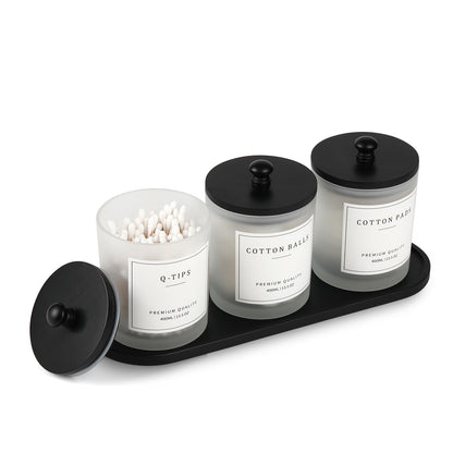 eggs sound 3 Pack Qtip Holder - Bathroom Organizers and Storage, Cotton Round Swab Holder Dispenser Cotton Ball Holder with Tray, Glass Apothecary Jars with Lids, Floss Pick Containers - ms black