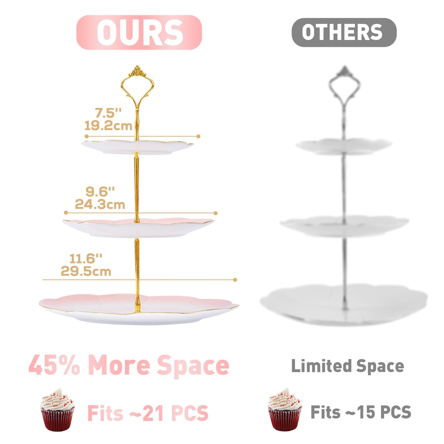 DUJUST Luxury Larger 3-Tier Cupcake Stand Tower, British Style Porcelain Serving Tray with Golden Trim, Food Grade Dessert Display Stand for Tea Party & Home Décor - 45% Gradient Pink Larger Plates