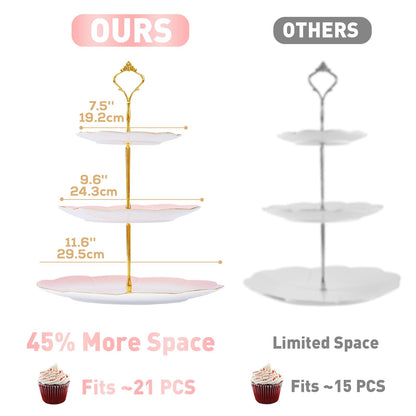 DUJUST Luxury Larger 3-Tier Cupcake Stand Tower, British Style Porcelain Serving Tray with Golden Trim, Food Grade Dessert Display Stand for Tea Party & Home Décor - 45% Gradient Pink Larger Plates