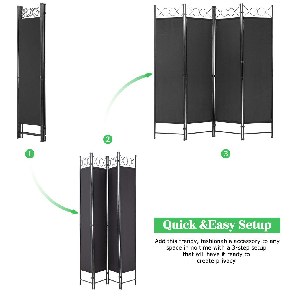 4 Panel Room Divider 6.8FT Steel Frame Screen Folding Privacy Divider Freestanding Partition for Home Office Bedroom, Black