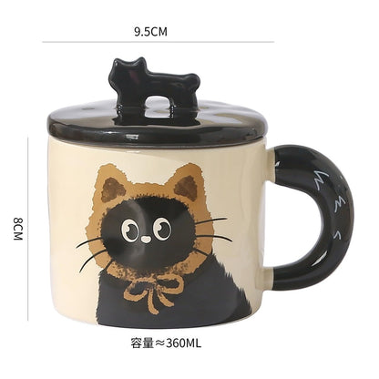 BONTOUJOUR Super Cute Black Cat Coffee Mug, Creative Funny Novelty Lovely Kawai Wearing Scarf Happy Tea Cup+ Kitty lid, Lover Couple Best Friend Friendship Valentine Water Cup, Cat Lover Gift -Brown
