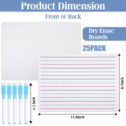 ReliThick 25 Pcs Lined Dry Erase Board with Markers 9 x 12 Double Sided Whiteboards Dry Erase Lapboards with Lines Ruled Writing Board Handwriting Practice