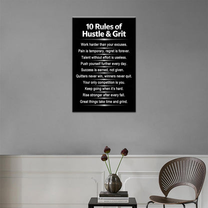 PSYYSP Motivational Wall Art 10 Rules Of Hustle And Grit Inspirational Posters Canvas Decor Inner Framed Entrepreneur Mindset Positive Quotes Painting For Home Office Gym 18x12 Inch