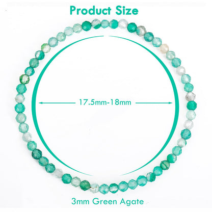 BONNY BOXX Natural Genuine Gemstone Faceted Round Beads Bracelet, 3mm Adjustable Stretchy Tiny Faceted Green Agate, Healing Crystal Reiki Chakra Dainty Jewelry Fashion Gifts