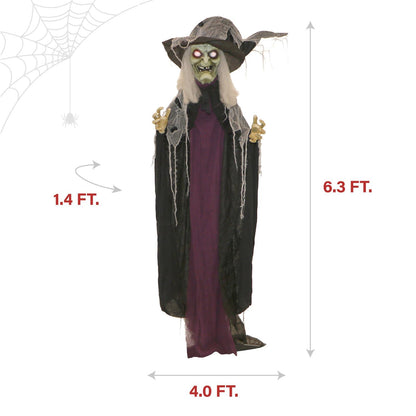 Haunted Hill Farm Life-Size Poseable Scary Talking Witch, Halloween Animatronic with Touch Activated Lights and Sound, Battery Operated Indoor or Covered Outdoor Halloween Decorations, Fright Props