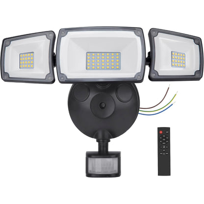 TONGLIN Security Light Outdoor, 4200LM 75LED Wiring Motion Sensor Lights, 42W 3-Head Angel Adjustable Flood Light with Remote Control, IP66 Waterproof Garden Light for Porch Patio Driveway Pathway