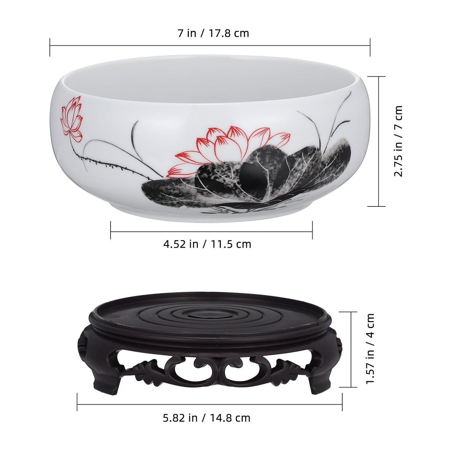 Veemoon Ceramic Lotus Bowl Planter, Chinese Hydroponic Pot with Base Round Pottery Shallow Planter Flower Plant Succulents Bowl Thickened No Drainage Pot for Indoor Outdoor Zen Garden Decor (6.68")