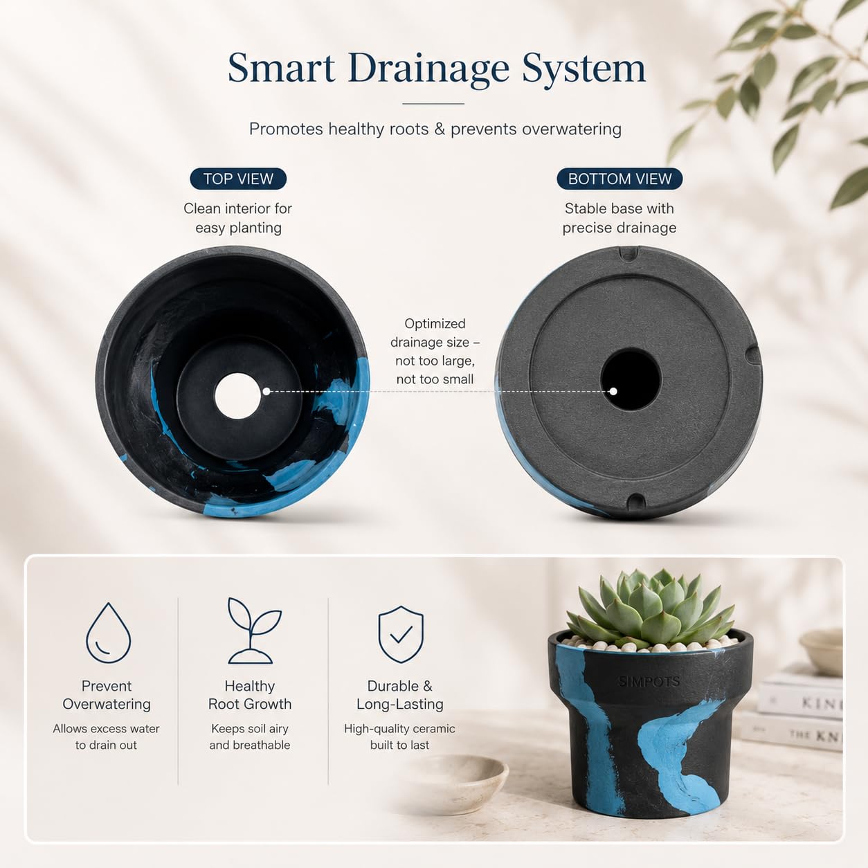 ONE ART Modern Planter Pot, Stone & Recycled Ocean Plastic, Frost Proof Indoor Outdoor Plant Pot for Succulents Flowers Herbs, Unique Hand-Finished Pattern, Lightweight Minimalist Decor (Medium)