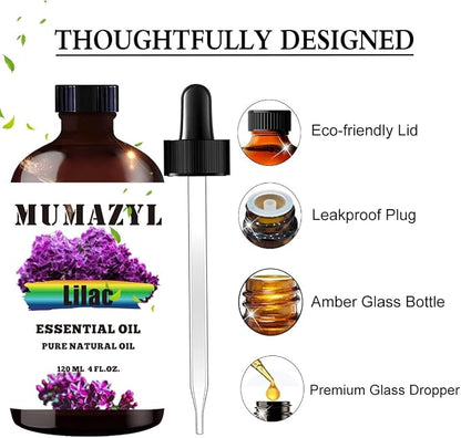 Lilac Essential Oil, Lilac Oil 4 Fl Oz 120ML for Diffuser Humidifier Yoga Cleaning DIY Candle Soap Making MUMAZYL Essential Oils