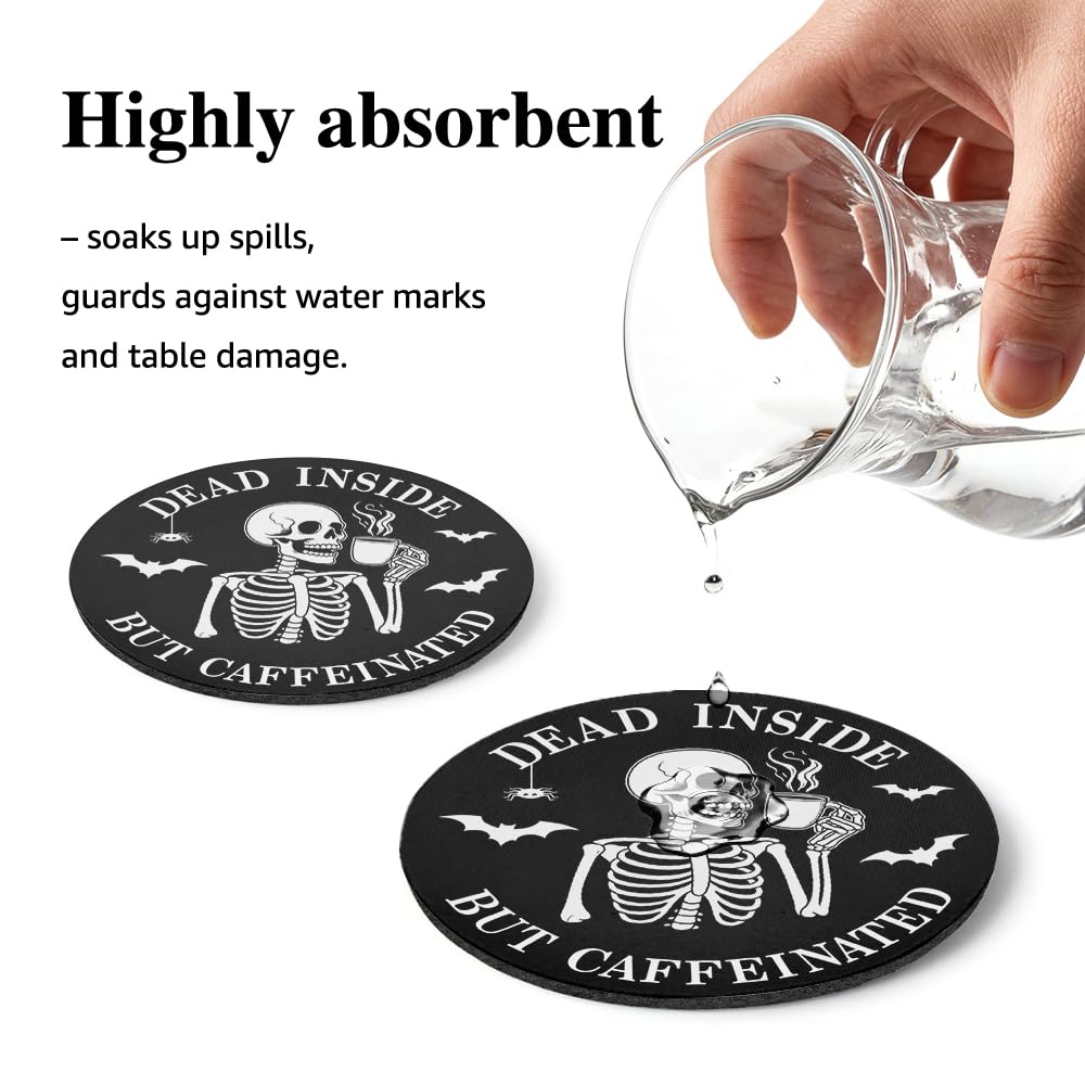 UWXQOJ Funny Skeleton Coffee Coasters Set of 2 – “Dead Inside But Caffeinated” Humor Drink Coasters, Gothic Coffee Lover Gifts, Non-Slip Table Protection for Kitchen & Office Home