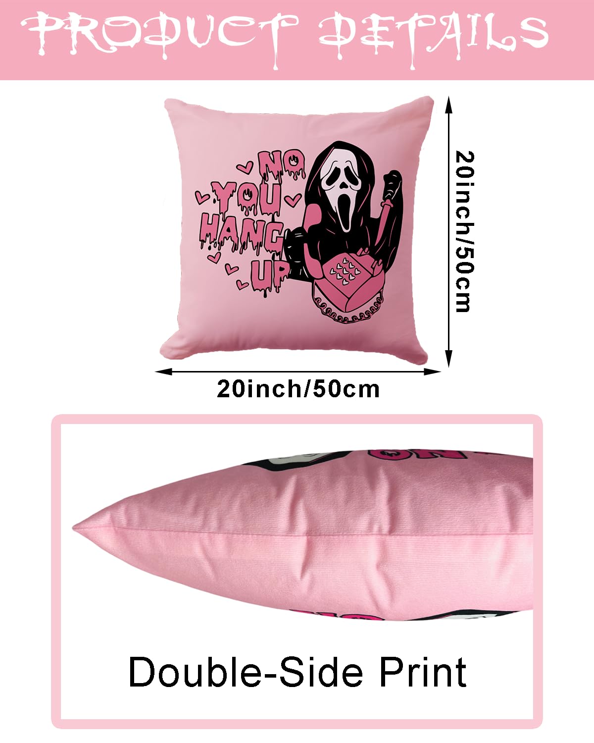 20x20 Inch Pink Throw Pillow Cover - 'No You Hang Up' Funny Horror Ghost Design, Romantic Halloween Decor, Soft Pillowcase for Sofa, Bedroom, Car, Birthday Party Supplies