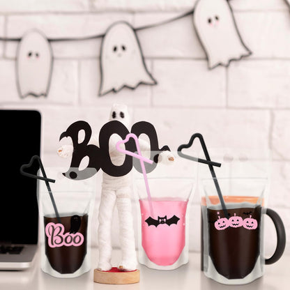 Sliner 24 Set Halloween Drink Pouches with Straws for Adults Juice Liquor Pouches Happy Boo Day Pink Black Drink Bags for Adult Teen Stand up Plastic Bags for Halloween Party Favor Props