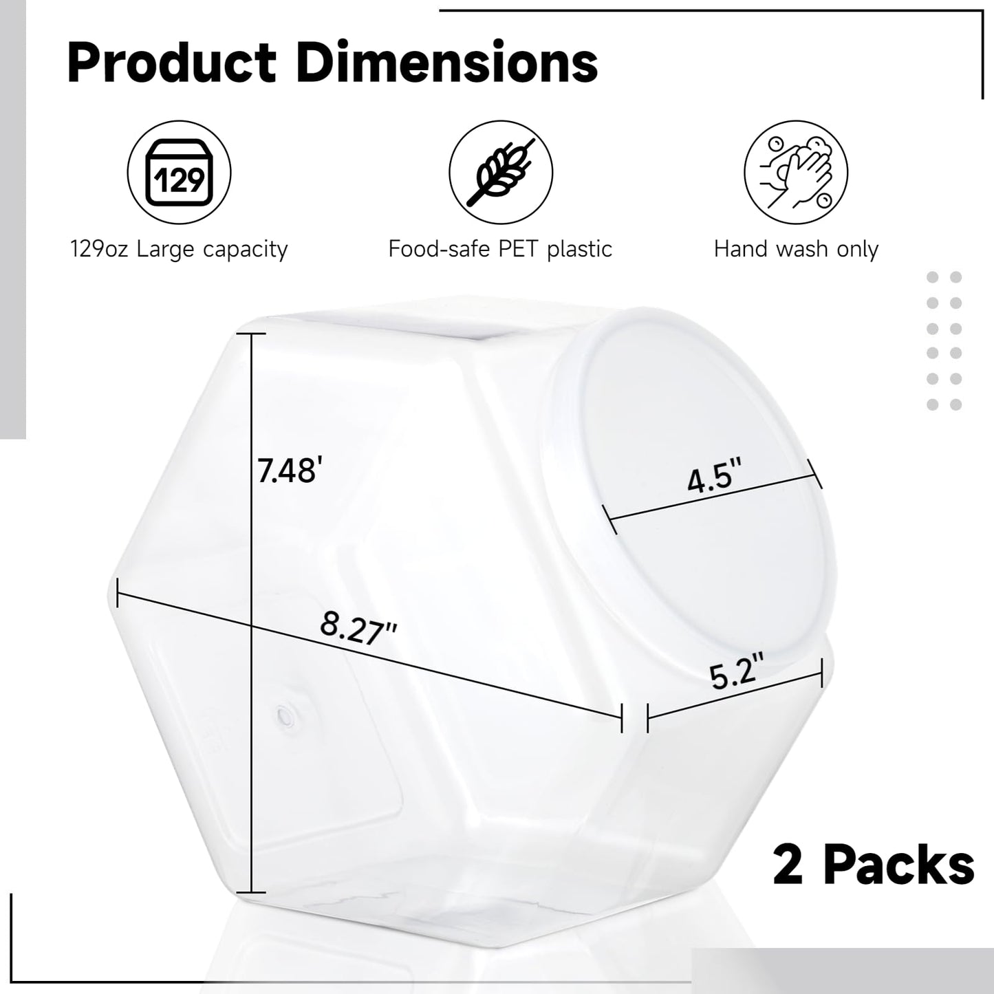 Varku 129oz Plastic Candy Jars, 2 Packs Hexagon Cookie jars with Snap-On Lid, Clear Candy Containers for Kitchen Counter, Plastic Canisters for Snacks, Flour, Pet Treats