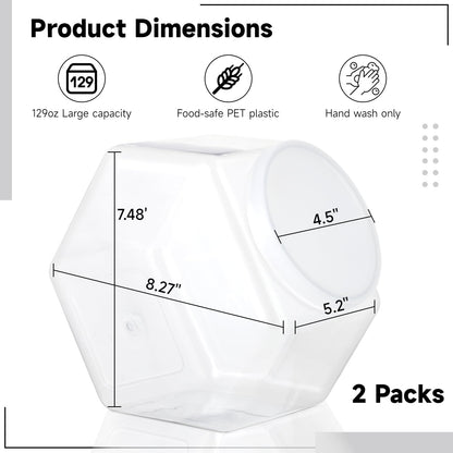 Varku 129oz Plastic Candy Jars, 2 Packs Hexagon Cookie jars with Snap-On Lid, Clear Candy Containers for Kitchen Counter, Plastic Canisters for Snacks, Flour, Pet Treats