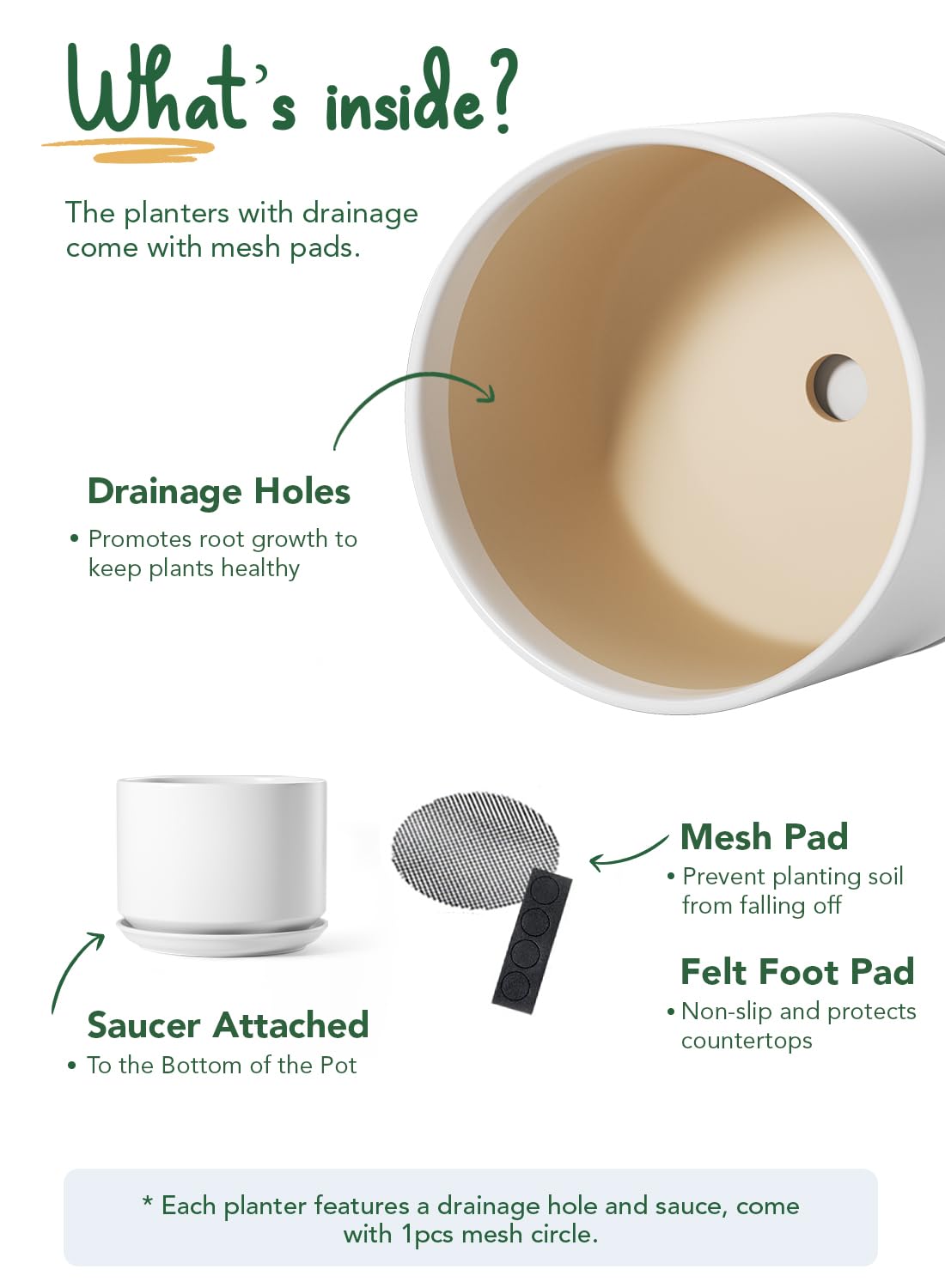 LE TAUCI Ceramic Pots for Plants, 10 Inch Plant Pot with Drainage Hole & Saucer, Sturdy & Modern Planters for Indoor Plants, Includes Mesh Screen, Fits Snake Plant & Monstera, White