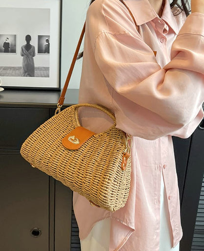 Summer Straw Bag for Women Straw Hand-woven Top-handle Handbag Crossbody Tote Clutch Bags for Travel Khaki Medium