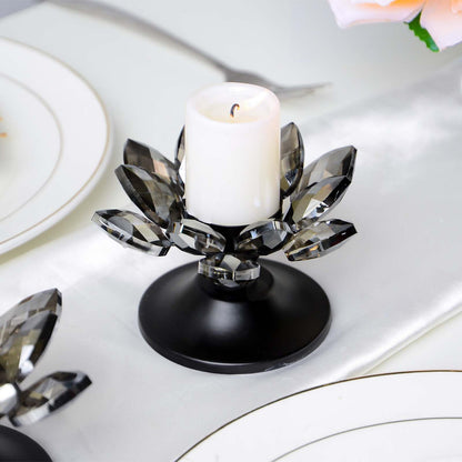 2 PCS Black Crystal Flower Tea Light Holder, Glass Tealight Candlestick with Metal Base, Votive Candle for Table Centerpiece, Wedding/Parties Decor, Nice Gift