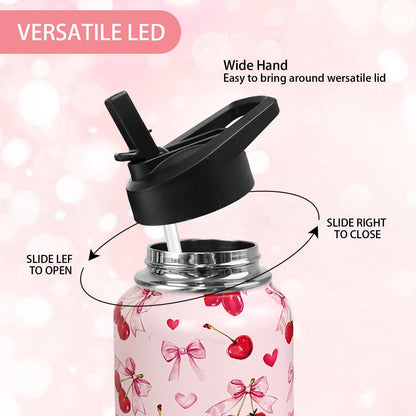 32oz Pink Cherry Insulated Aater Water Bottle with Straw Gym Hiking Sports Coffee Mug Cup Water Bottles,Cherry Gifts for Wome Decor Stuff Accessories