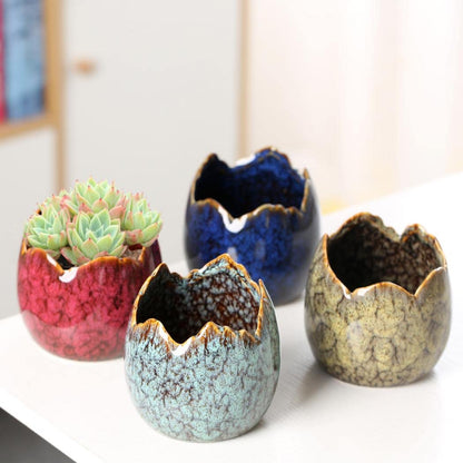 YYW Succulent Pots, 4 Pack Ceramic Planters for Indoor Plants in, Dragon Egg Broken Shell Design Flower Pots with Drainage Hole, Stylish Plant Pots,Home Office Decor (Four Piece)