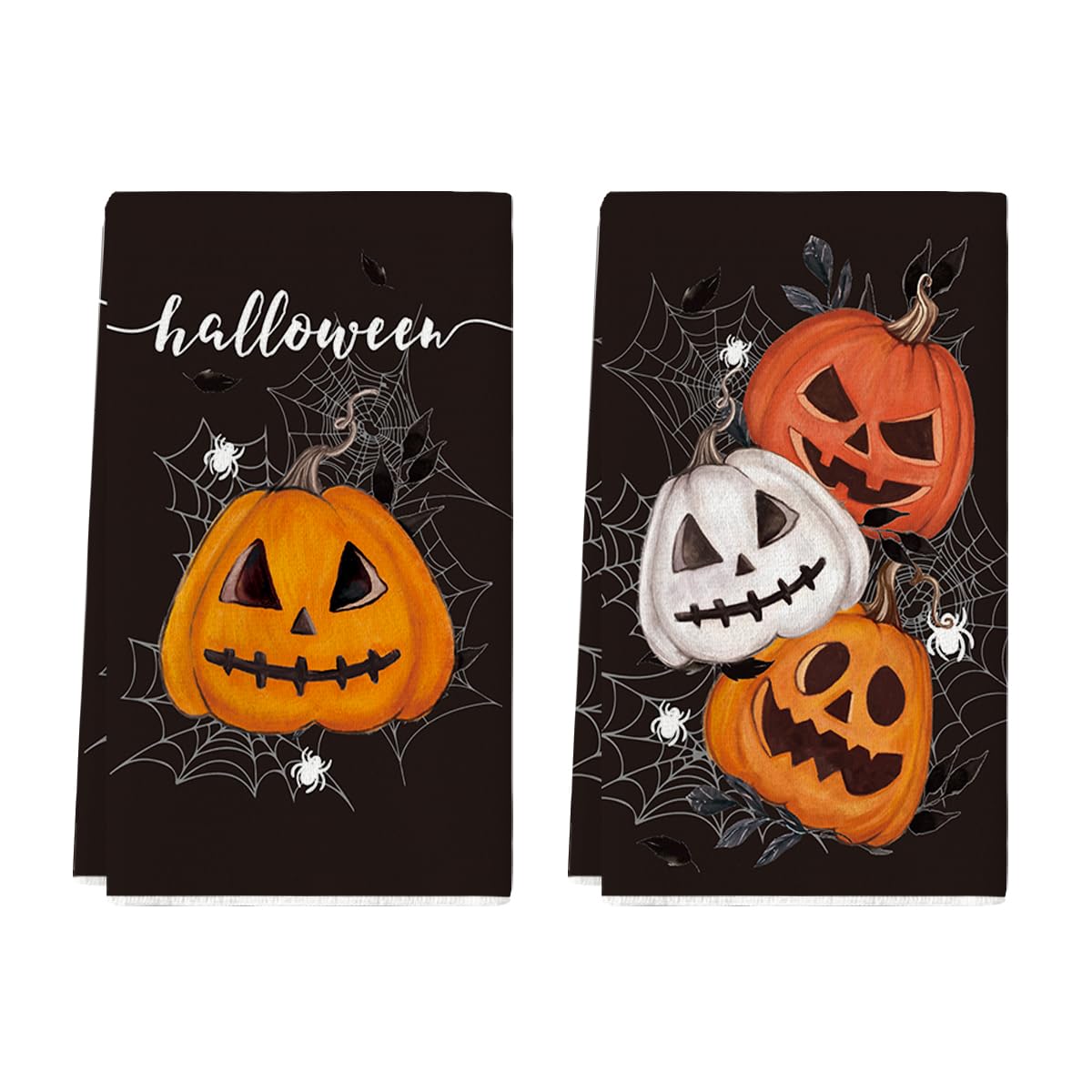 Artoid Mode Black Pumpkin Halloween Kitchen Towels Dish Towels, 18x26 Inch Spider Web Jack-O'-Lantern Decoration Hand Towels Set of 2
