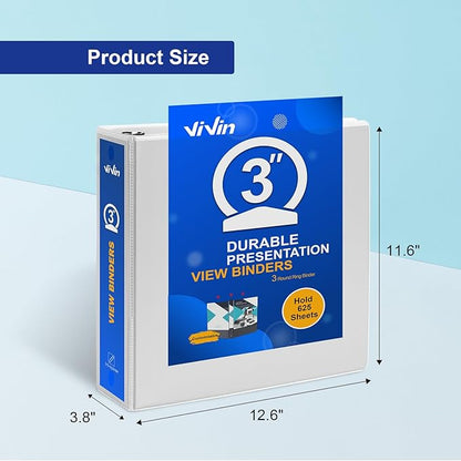 ViVin 3 Ring Binder 3 inch with Clear View Cover, Large 3" Round Ring for Strength, Holds 600 Sheets of US Letter Size Paper, Office Home School, 2 Pack (White)