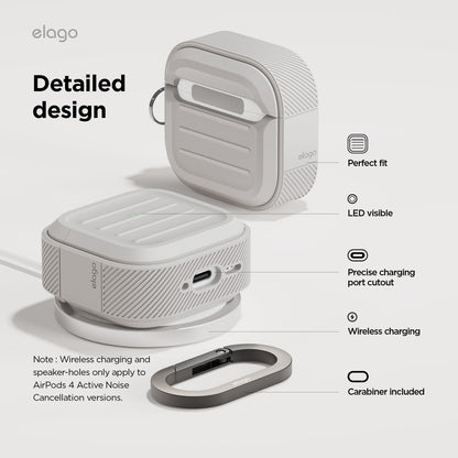 elago Armor Compatible with AirPods 4 Case - for AirPods 4th Generation Cover, Carabiner Included, Supports Wireless Charging, Shock Resistant, Full Protection (Stone)