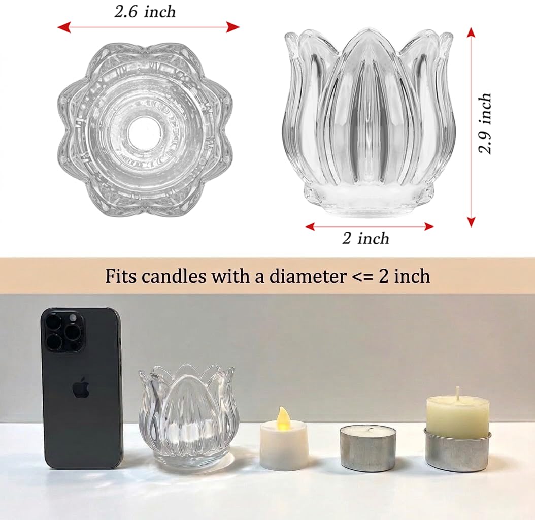 VIVAHEARTH Tulip Votive Candle Holders Set of 6, Tea Light Candle Holder Glass for Table Centerpiece, Tealight Candle Holders for Wedding Déco, Birthday, Anniversary, Parties, and Holiday (Clear)