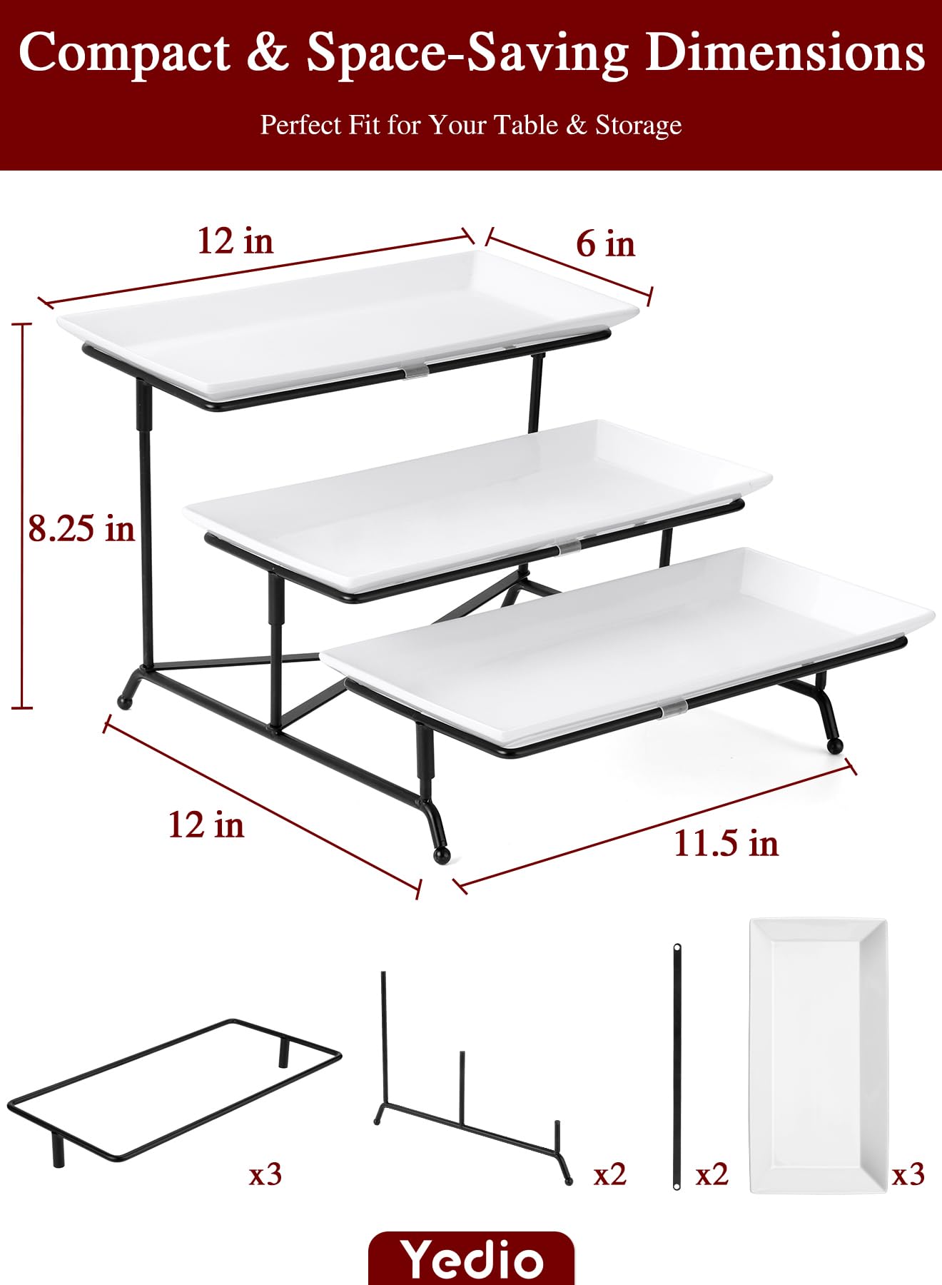 Yedio 3 Tier Serving Trays for Party, Porcelain Serving Platters and Trays, 12 Inch Tiered Tray Stand, Fruit Tray, Trays for Serving Food, White Dessert Stand with Collapsible Sturdier Metal Rack
