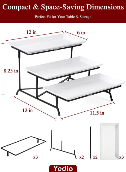 Yedio 3 Tier Serving Trays for Party, Porcelain Serving Platters and Trays, 12 Inch Tiered Tray Stand, Fruit Tray, Trays for Serving Food, White Dessert Stand with Collapsible Sturdier Metal Rack