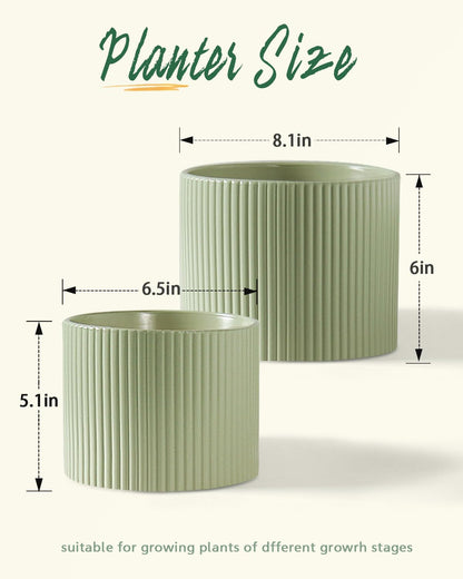 Swkien Ceramic Plant Pots, 8.1 + 6 Inch Planters for Indoor Plants, Modern Flower Pot for Plant with Drainage, Medium Cylinder Flower Pots for Indoor/Outdoor, House Plants, Matte Green