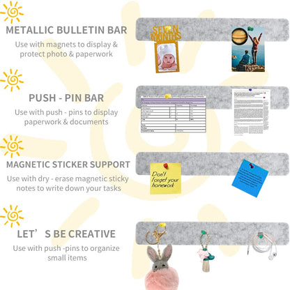 Vuzvuv 8Pcs Light Grey Cork Board Bar Strips with 50 Pushpins & Sticky Notes, Self-Adhesive Bulletin Board Strips No Damage for Wall, Felt Pin Board for Paste Notes, Photos, Schedules Office Decor