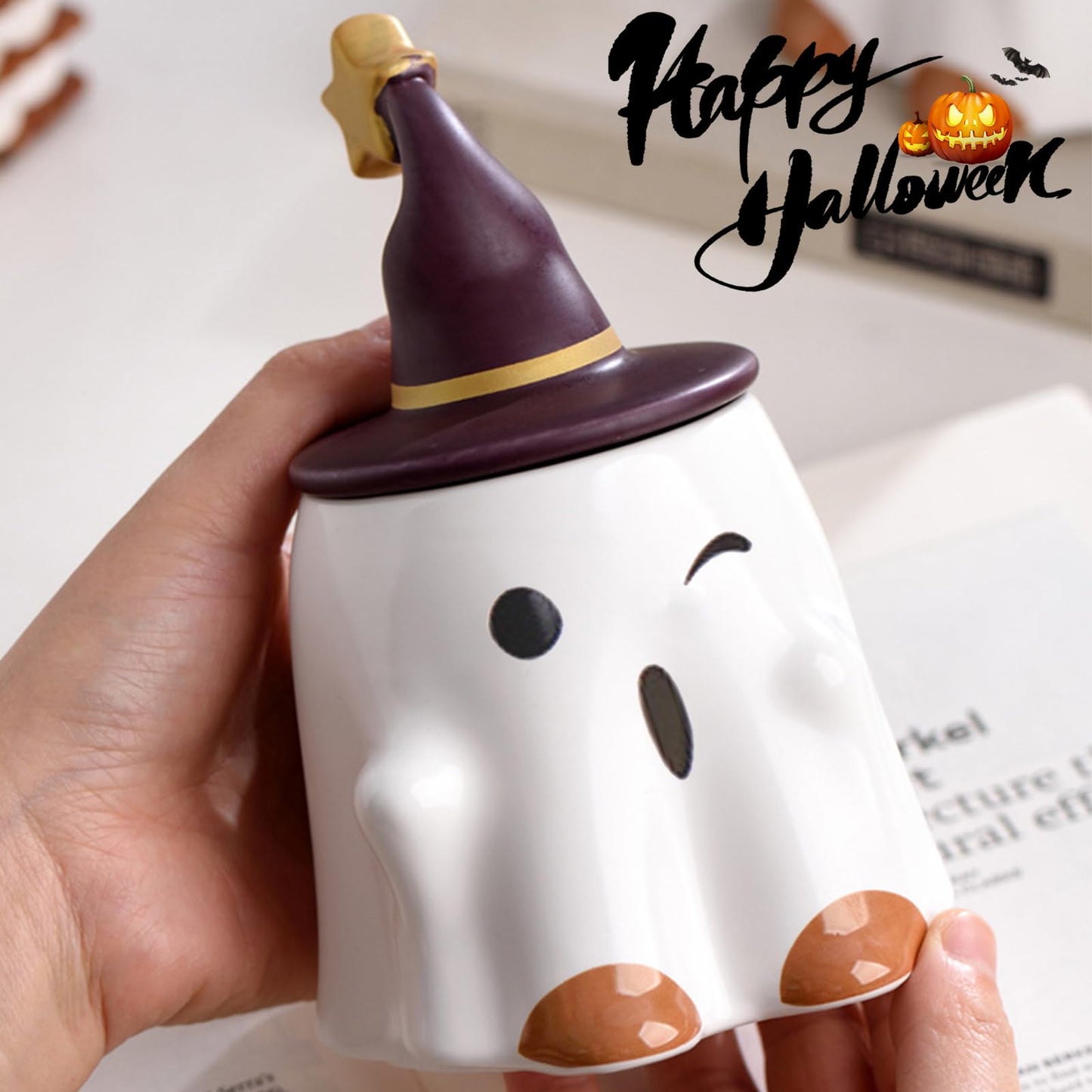 J.Ehonace Spooky Ghost Ceramic Coffee Mug 16oz – Adorable Halloween Design with Witch Hat & Stars – Microwave/Dishwasher Safe – Festive Home Decor & Holiday Coffee Cup