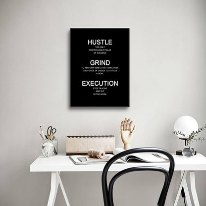 Motivational Poster Wall Art Inspirational Quotes Hustle Grind Execution Picture Print Positive Saying Painting Artwork for Modern Home Bedroom Office Workplace Stretched and Framed [18''W x 24''H]