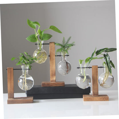 UPKOCH 2pcs Hydroponic Glass Vase with Wooden Stand Modern Terrarium Planter for Home Office Decoration Clean Sanitary Plant Display Elegant Desktop Ornament
