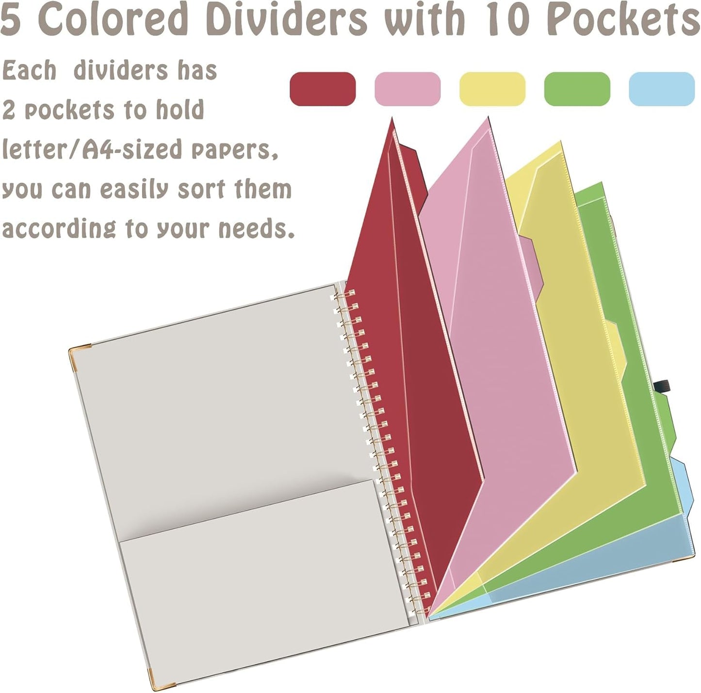 HAUTOCO Clipboard Folio with Refillable Lined Notepad for Letter Size (11" x 8.5"), 5 Dividers with 10 Pockets, Elastic Pen Holder and File Folder Labels, Spiral Nurse Clipboard Artboard(Gray)