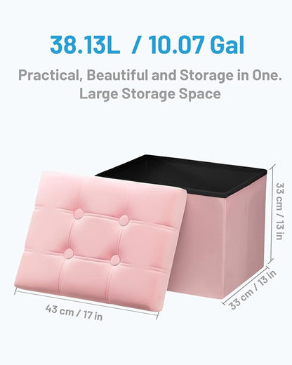 AmasSmile Storage Ottoman Foot Rest Stool, 17 inches Velvet Footstool Bench, Short Ottoman Stool, Small Folding Blanket Ottomans Store Books, Records, Pink