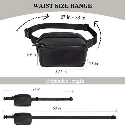 Fanny Packs for Women, Leather Vegan Belt Bag Crossbody Waist Bag Adjustable Strap, Large Fashion Everywhere Belt Bag, Black