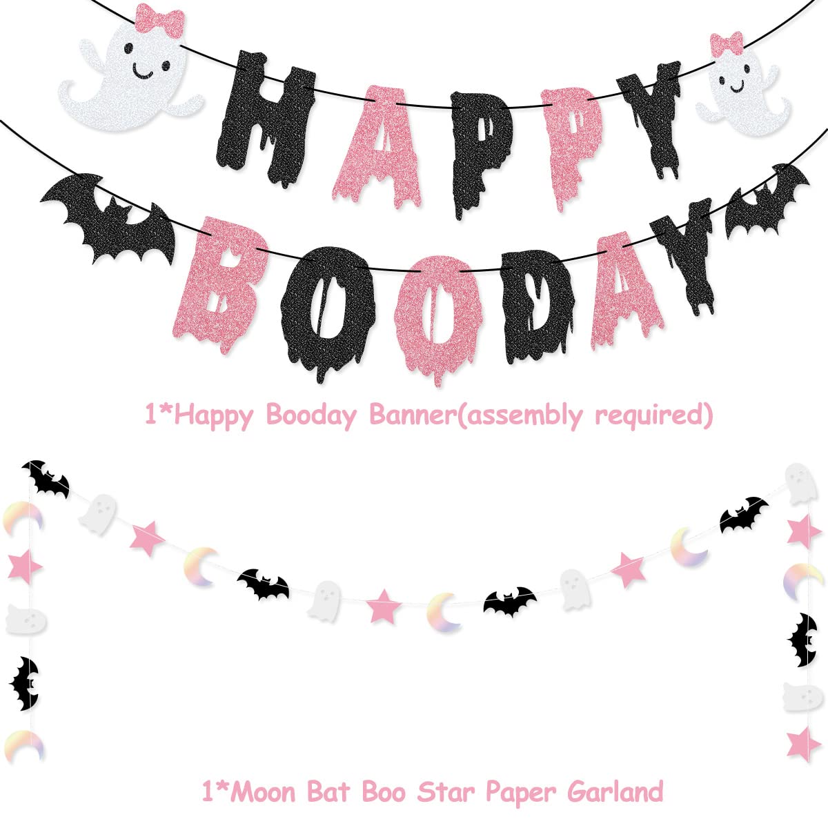 92 Packs Pink Black Halloween Birthday Party Kit Happy Boo Day Banner Cake Topper Ghost Cupcake Toppers Skeleton Bat Mylar Balloons for Pink and Black Halloween Birthday Party Decorations