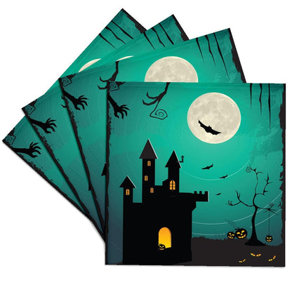 3dRose CST_152299_3 Halloween Haunted House with a Full Moon, Bats, and Pumpkins Ceramic Tile Coasters, Set of 4