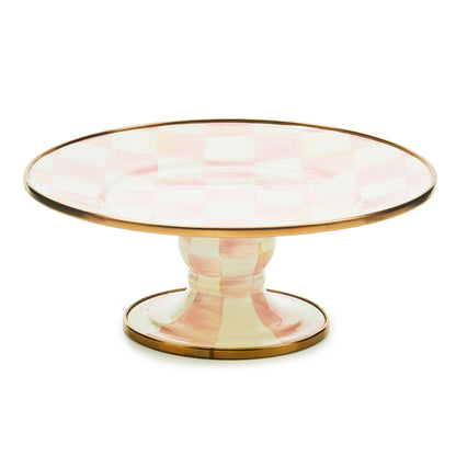 MACKENZIE-CHILDS Enamel Pedestal Platter, Round Cake Stand, Mini, Pink-and-White Rosy Check