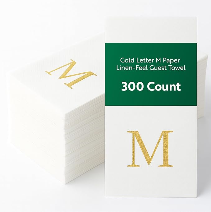 Restaurantware Napkins Pack of 300 Gold Letter M Linen-Feel Paper Disposable