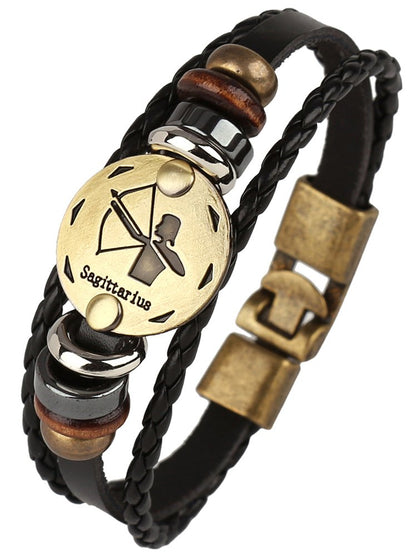 Hamoery Punk Alloy Leather Bracelet For Men Constellation Braided Rope Bracelet Bangle Wristband(Sagittarius)