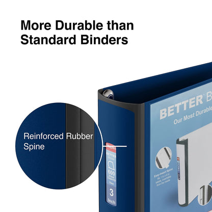 Staples Better Binder, 3" D‑Ring 3‑Ring Binder, Blue, Reinforced Rubber Spine, Heavy‑Duty Design, Holds up to 600 Sheets for School & Office