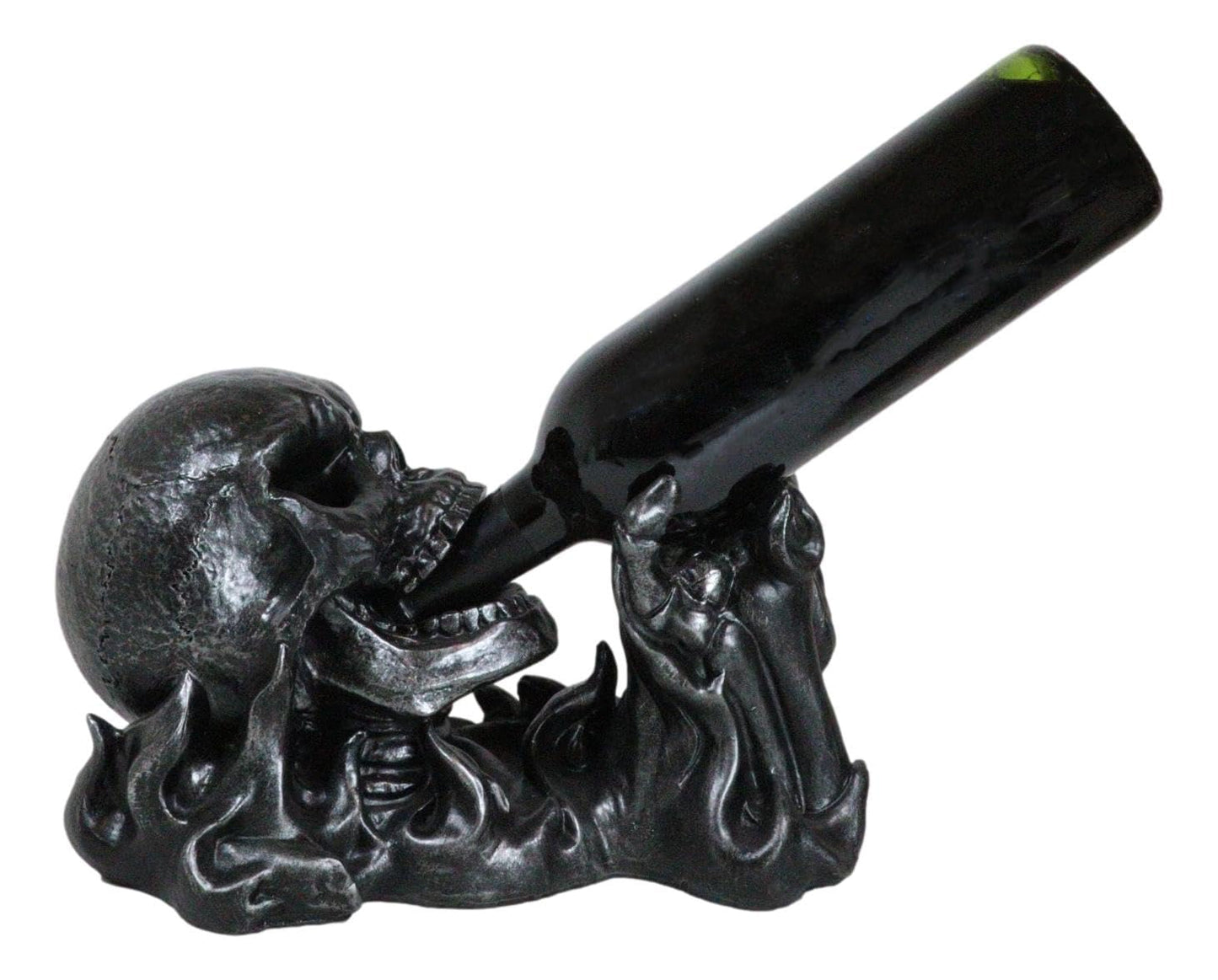 Ebros Dead Rising Skull Hell's Booze Flame Skeleton Wine Holder Figurine 11.25" L Halloween Party Hosting Centerpiece Decor