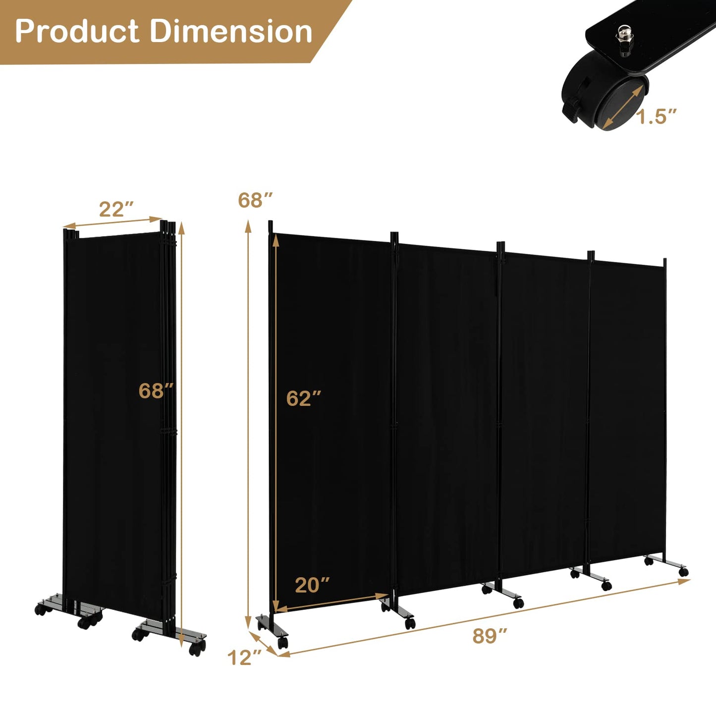 LDAILY 4 Panels Folding Room Divider, 6FT Tall Fabric Privacy Screen w/Metal Frame, Freestanding Partition Wall Divider w/Rolling Wheels for Bedroom, Dining Room, Office, Hospital (Black, 4-Panel)