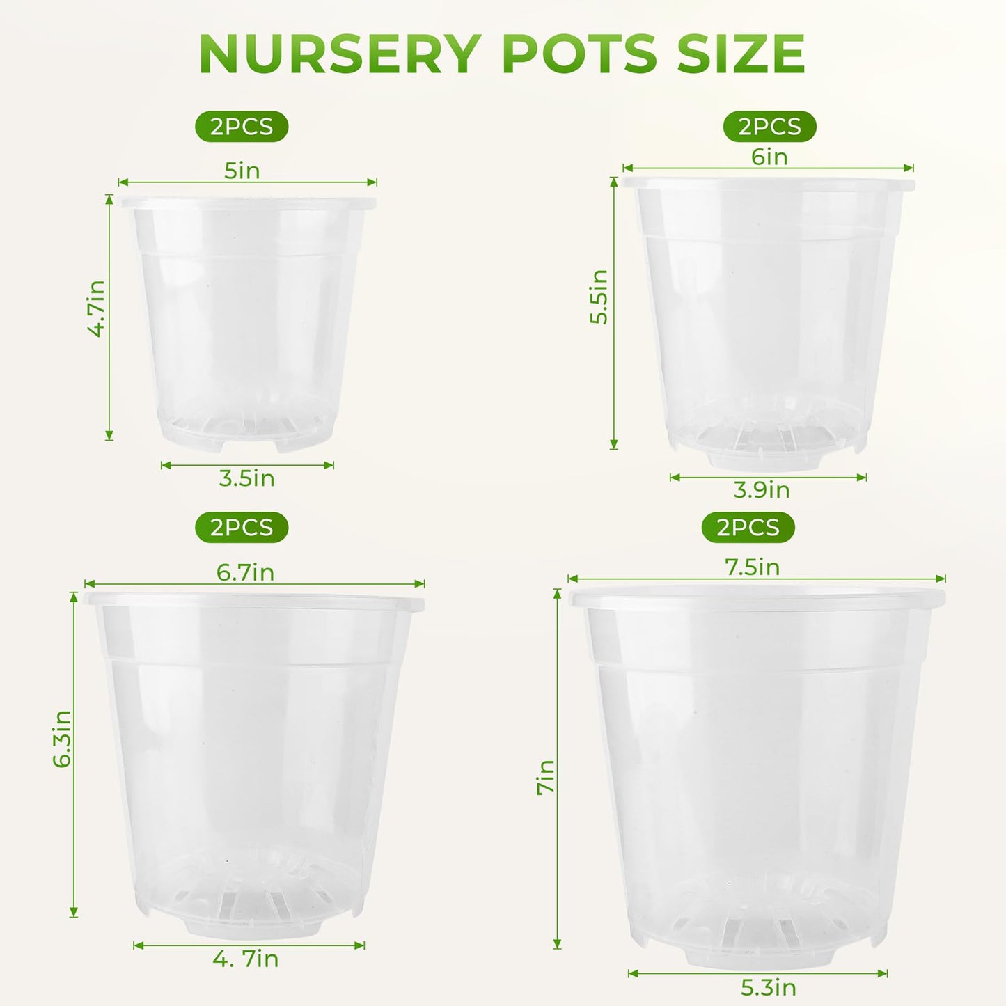 MeiVista 8 Pack Clear Nursery Pots with Drainage Holes, 5/6/6.7/7.5 Inch Sturdy Transparent Plastic Planters for Indoor & Outdoor, Includes 10 Labels, Ideal for Seed Starting and Planting